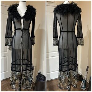 Sue Wong Elegant Black Sheer Negligee with Feather Trim
